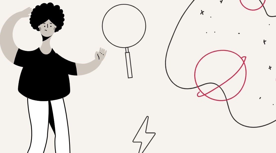 Cartoon person scratching their head with space, lightning and magnifying glass symbols