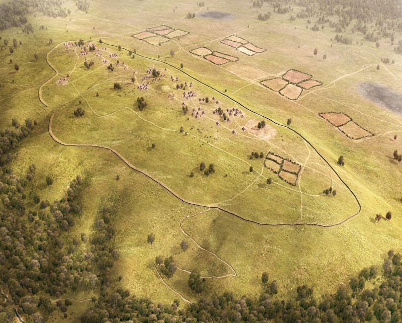 Birds eye view of hill settlement. A clear, grassy hill top is occupied by settlements and a wall, too far in away to see details. The image is a visualisation of an enclosed hill-top site of Kapellenberg, Hofheim, Germany, a settlement in around 3700 BCE
