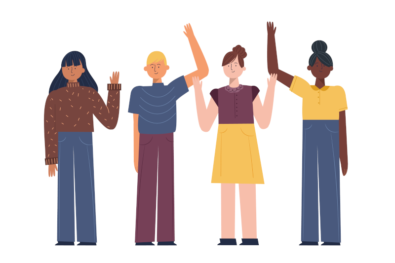 Cartoon image of young people waving