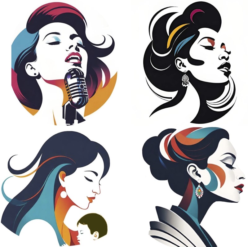 AI-generated images of four women on the theme of vocalisation. There are four women depicted in profile from the neck up. The top two images appear to be of women singing, one has a microphone. The bottom two images are of a women holding a baby, and another women with her eyes closed perhaps listening. The images use block colours of white for skin tone, and dark blues, black, pinks, light blues and orange for the hair.