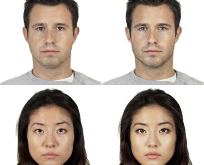 Two portrait photographs of a man and a woman. Beside each photo is the same photo but this time with a beauty filter applied.