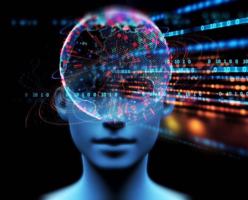 An abstract, computer generated image of a human with a globe covering their forehead, with rows of zeros and ones going across the face and to the right hand side of the image.