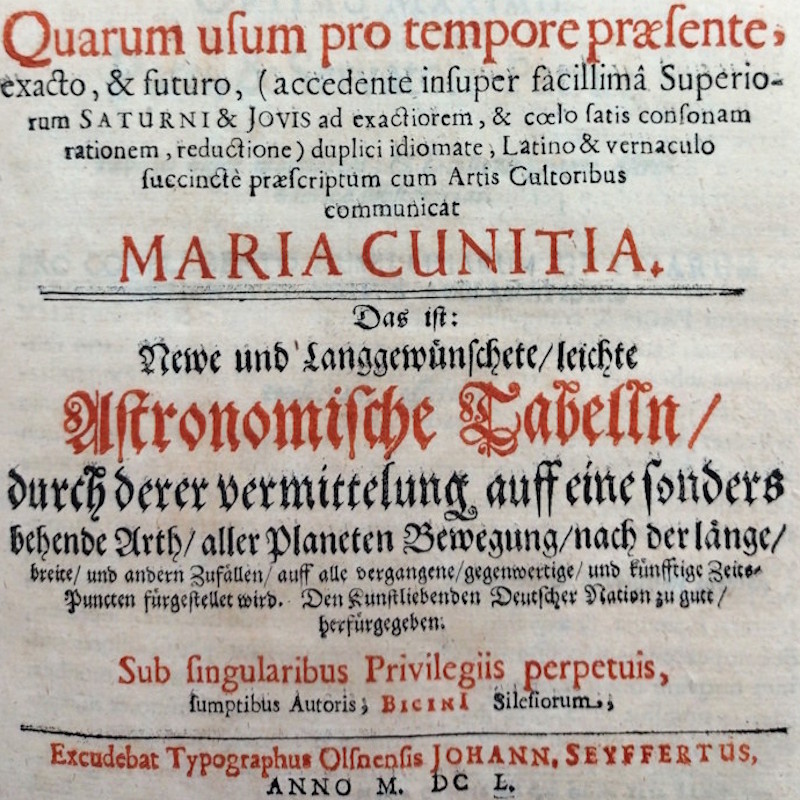 Title page of Maria Cunitz's 'Urania propitia' (1650; detail)